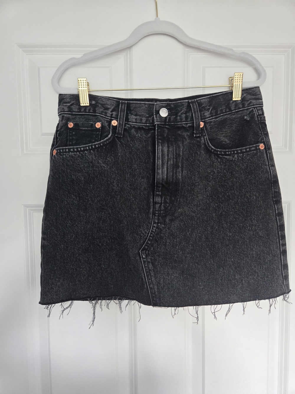 Mango Black Washed Denim Mini Skirt with Frayed Hem